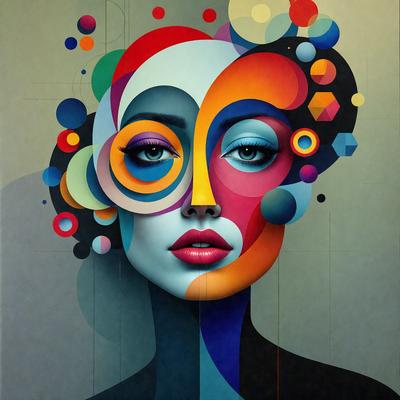 The primary subject of the image is a woman with a colorful and artistic appearance. She is wearing a colorful dress and has a unique and vibrant look. The setting is a colorful and abstract background, which complements the woman's outfit and overall style. The visual style of the image is a combination of digital art and illustration, creating a striking and eye-catching portrait. The colors and mood of the image are lively and energetic, with a focus on the woman's v